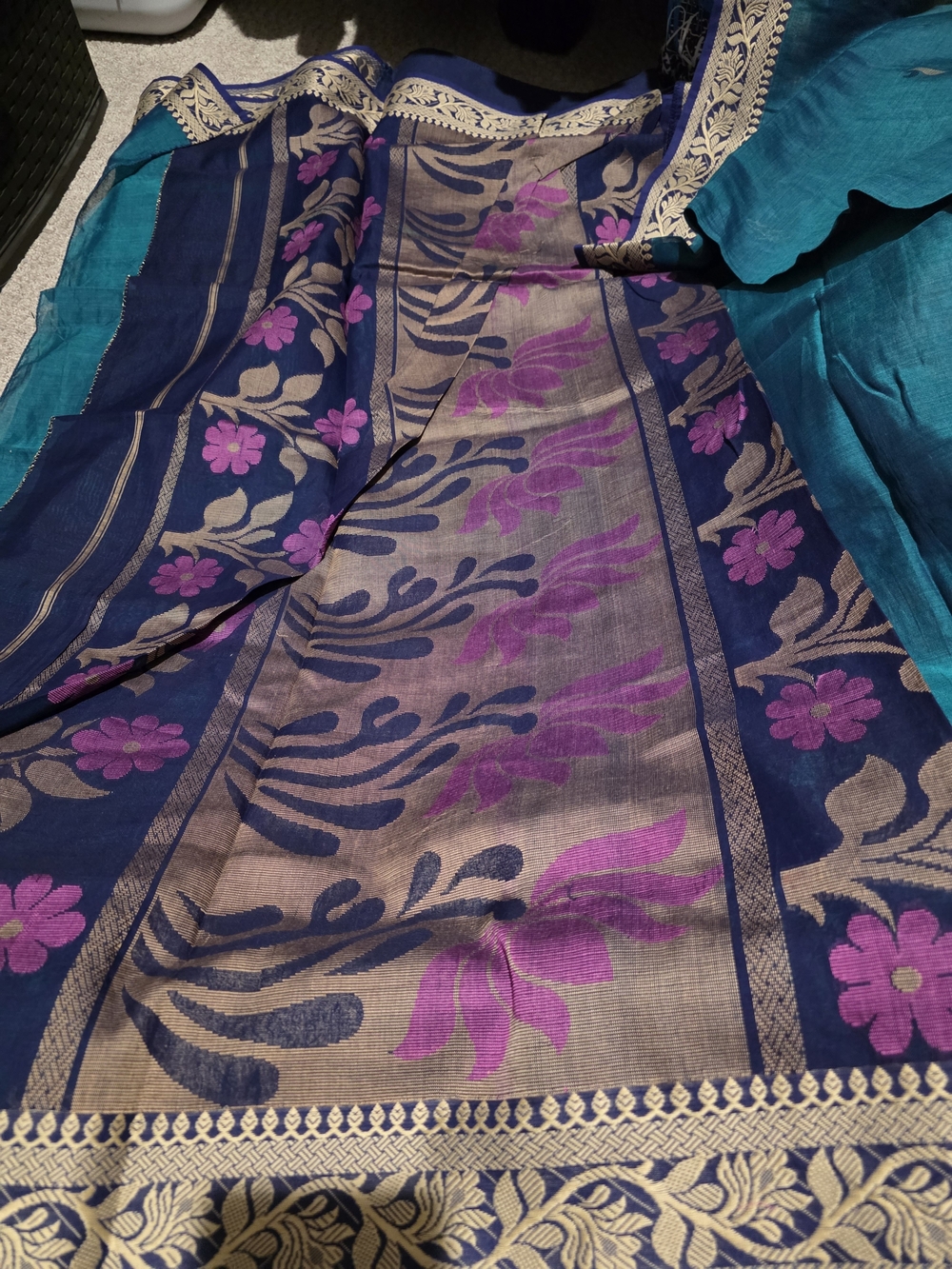 Navy and Purple Floral Woven Saree